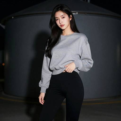Young Woman in Gray Sweatshirt and Black Leggings at Night