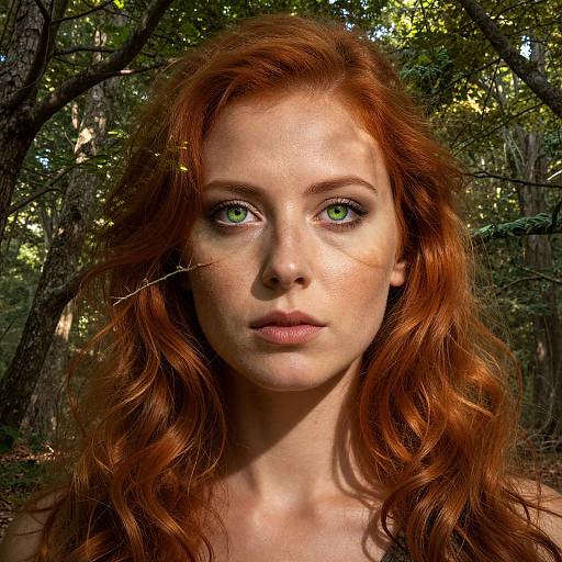Photograph of a fair-skinned, red-haired woman with green eyes, freckles, and wavy hair in a forest, illuminated by sunlight