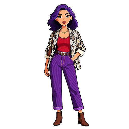 Digital illustration of a stylish woman with purple hair, wearing a red top, purple pants, brown boots, and a patterned jacket.
