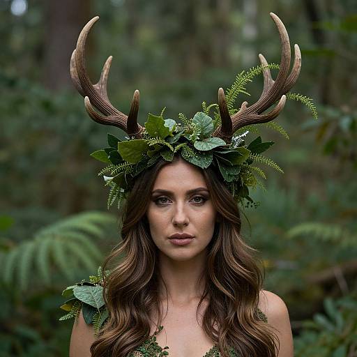 Photograph of a woman with long brown hair, wearing a leafy green headpiece with large antlers, standing in a lush forest.