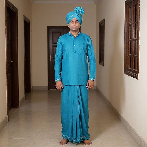 Photograph of a South Asian man in a blue traditional outfit and turban, standing in a narrow, cream-colored hallway.