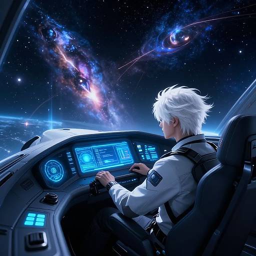 Digital art of a white-haired male astronaut in a cockpit, controlling a futuristic ship, with a stunning cosmic galaxy view outside.
