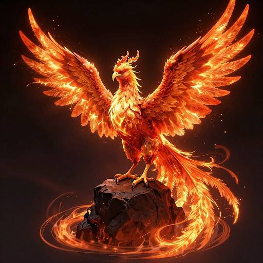 Digital artwork of a fiery, majestic phoenix with glowing orange and yellow wings, standing on a rocky pedestal, surrounded by swirling flames against a dark background.