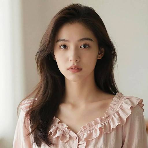 Photograph of an Asian woman with long dark brown hair, wearing a pale pink ruffled blouse, looking directly at the camera.