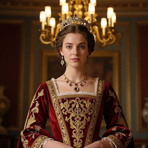 Photograph of a young woman in an ornate, red velvet gown with gold embroidery, wearing a tiara and necklace, standing before a glowing ch