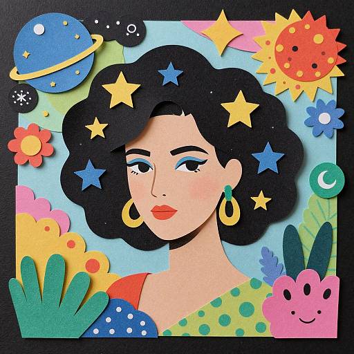 Vibrant digital collage of a stylized woman with black curly hair, yellow stars, and colorful space-themed background, featuring planets, flowers, and