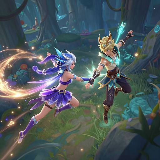 Digital art of two fantasy warriors in a moonlit forest, one with blue glowing wings and sword, the other with blonde spiky hair and glowing blue