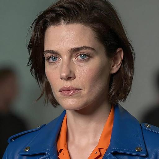 Portrait of Woman Wearing Blue Leather Jacket