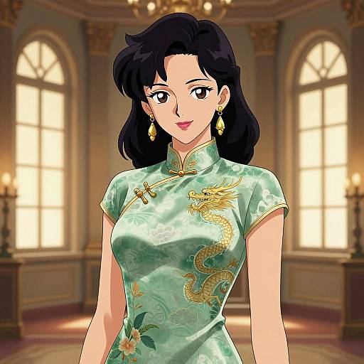 Digital anime-style illustration of a beautiful Asian woman with black hair, wearing a green dragon-patterned cheongsam, gold earrings, and standing in a
