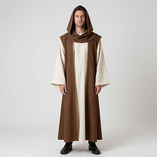 Photograph of a man with long brown hair, wearing a brown hooded robe over a white tunic and black boots, standing against a plain white