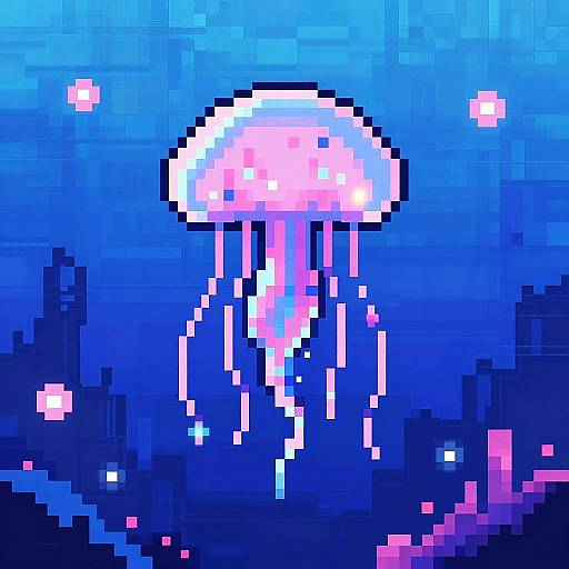 Pixel art of a glowing blue and pink jellyfish with trailing tentacles, floating in a dark blue underwater scene with scattered light squares.