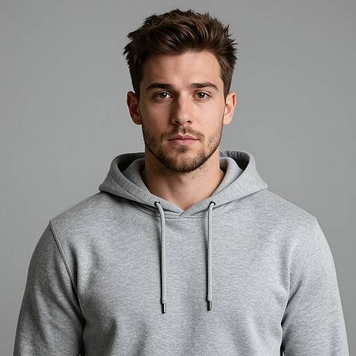 Photograph of a young, handsome man with short dark hair, light beard, and neutral expression, wearing a light gray hooded sweatshirt, against