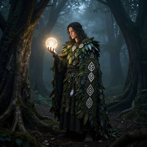 Photograph of a mystical forest scene: a long-haired person in a dark, feathered cloak holding a glowing orb, surrounded by towering trees in twilight