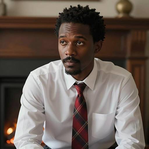 Pensive Black Man in White Shirt and Red Plaid Tie