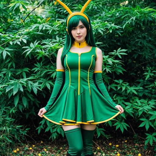 Cosplay Woman in Green Leafy Dress with Antenna Headband