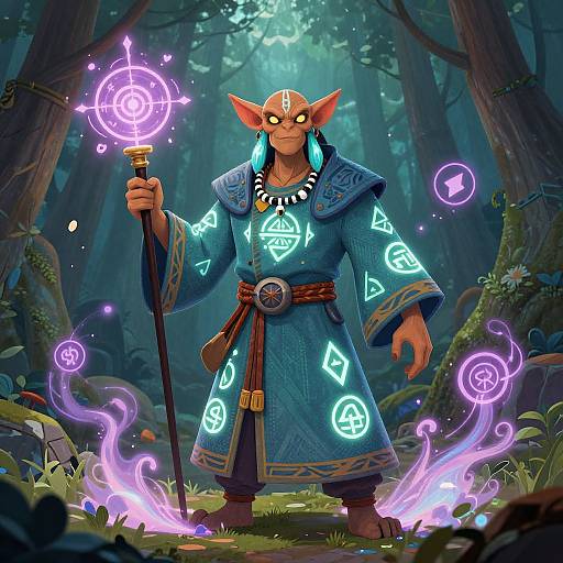 Digital artwork of a glowing-eyed, elf-like wizard in a blue, illuminated robe, holding a magical staff in a mystical forest.