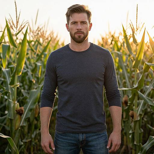 Sunlit Portrait of Bearded Man in Cornfield