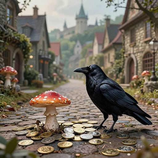 Photograph-like digital art: Black crow with glossy feathers standing on cobblestone street, surrounded by gold coins and red-spotted mushrooms, medieval village