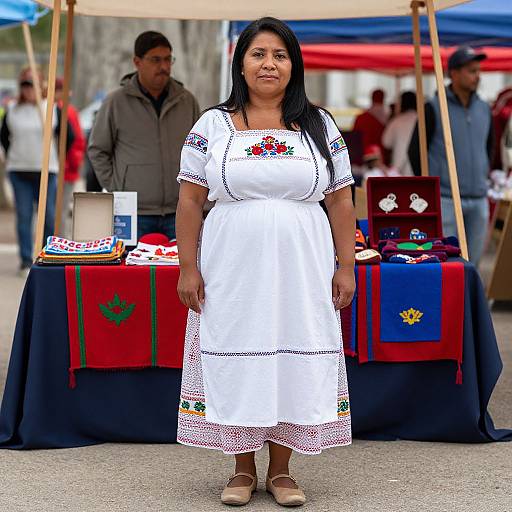 Photograph of a Latina woman with long black hair in a white embroidered dress, standing in front of a market stall with colorful textiles and crafts, outdoors