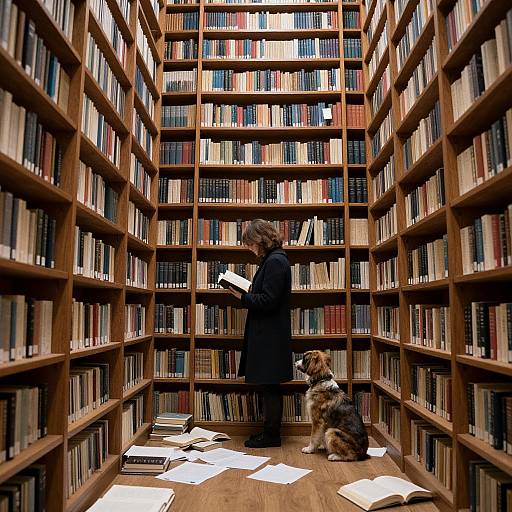 Photograph of a person with short brown hair, wearing a black coat, standing in a wooden bookshelf-lined library aisle, holding a book, with