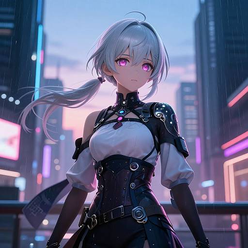 Silver-Haired Cyberpunk Anime Character