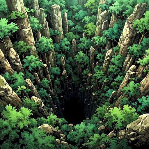 Digital illustration of a dense, lush green forest with towering, jagged rock formations rising from the center, creating a dramatic, vertical landscape. Bright,