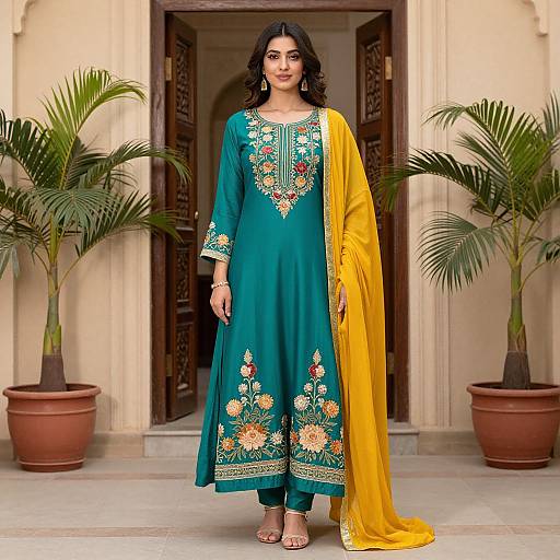 Elegant Woman in Teal Anarkali Suit