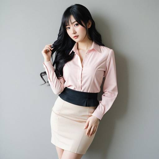 Young Woman in Blush Pink Blouse and Beige Skirt