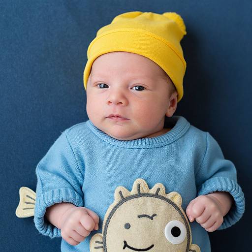 Photograph of a baby with fair skin, wearing a yellow beanie and blue sweater with a fish face design, against a dark blue background.