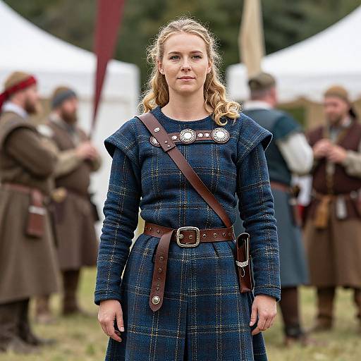 Photograph of a blonde woman with wavy hair, wearing a blue plaid medieval dress with brown leather straps and belt, standing in an outdoor historical