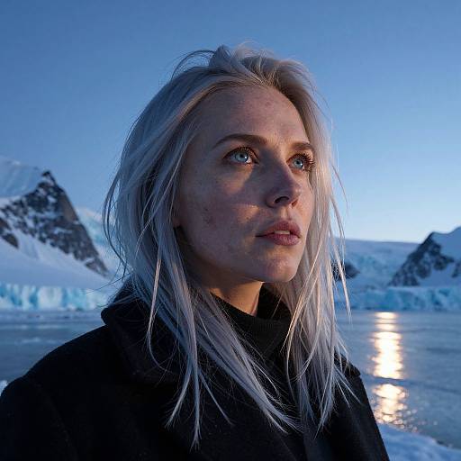 Photograph of a white, blonde-haired woman with light blue eyes, wearing a black coat, standing by a frozen, icy landscape at twilight, with