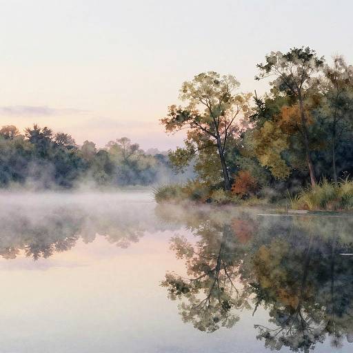 Serene Lakeside Dawn Watercolor
