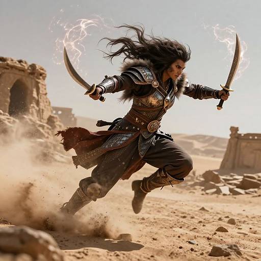 Digital art of a fierce, black-haired warrior in medieval armor, wielding two swords, leaping through a dusty desert ruins with lightning in the background.