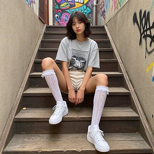 Photograph of an Asian woman with short black hair, wearing a gray graphic tee, white shorts, white lace knee-high socks, and white sneakers,