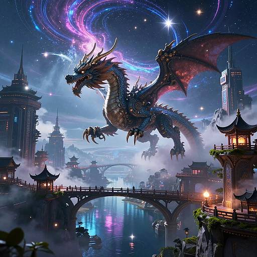 Mechanical Dragon Over Futuristic Cityscape
