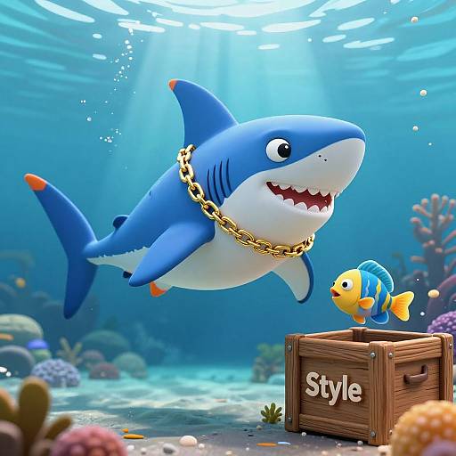 Cartoon-style underwater scene: Blue shark with gold chain, orange fins, and smiling teeth swims beside yellow-and-blue fish beside a wooden chest labeled 