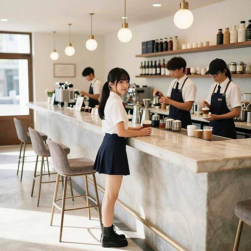 Photograph of a modern café with three Asian baristas in white shirts and black aprons, under warm, hanging lights, serving customers.