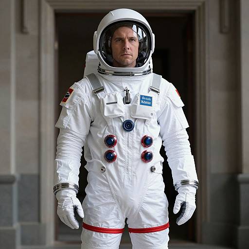 Photograph of a serious-looking white male astronaut in a full white spacesuit with red stripes and blue buttons, standing in front of a stone building doorway