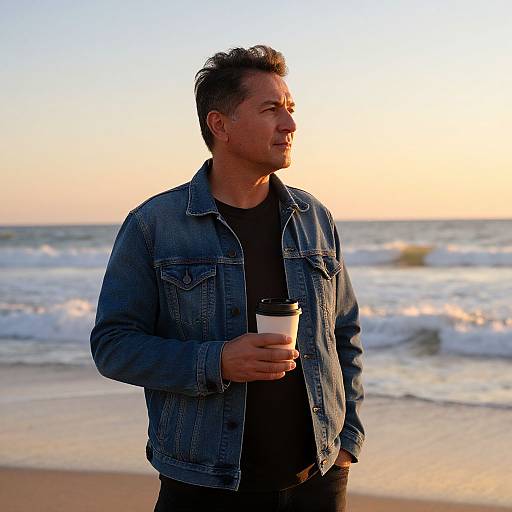 Photograph of a smiling man with short dark hair, wearing a denim jacket over a black shirt, holding a coffee cup, standing on a beach at
