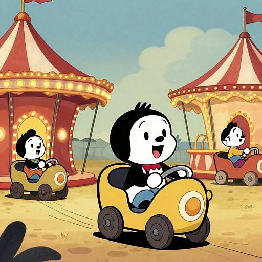 Cartoon-style illustration of three black-and-white character kids driving yellow go-karts in front of red-and-yellow circus tents with bright lights.