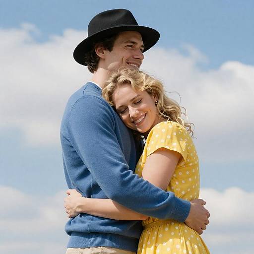 Happy Couple Embracing Under Blue Skies