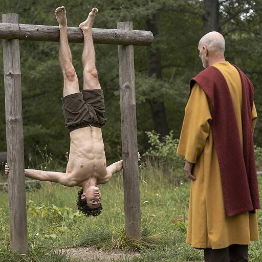 Man Hanging Upside Down with Elder Watching in Forest