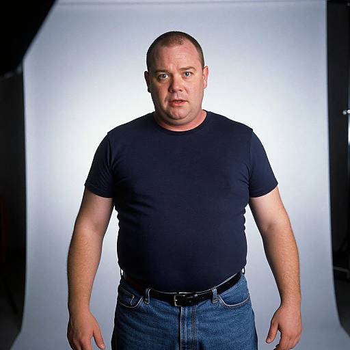 Photograph of a middle-aged, bald, heavy-set man with fair skin, wearing a black t-shirt and blue jeans, standing against a bright white