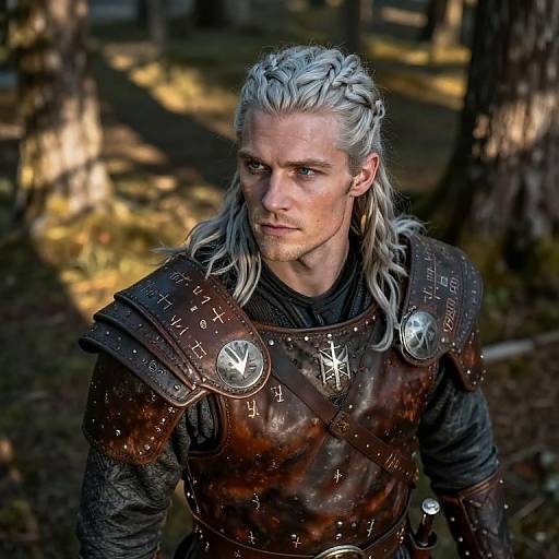 Photograph of a serious, white-haired man with braided hair, wearing dark leather armor with metal plates and runes, in a sunlit forest.