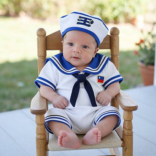 Photograph of a baby with fair skin, wearing a white sailor outfit with blue trim, sitting in a wooden chair outdoors.