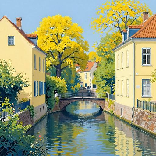Digital painting of a serene European canal with yellow-leaved trees, pastel yellow houses, and a small arched stone bridge under a clear blue sky