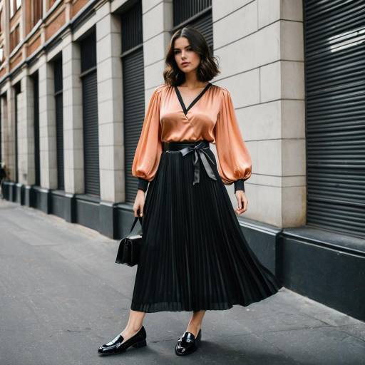 Woman in Silk Blouse and Pleated Skirt on Urban Street