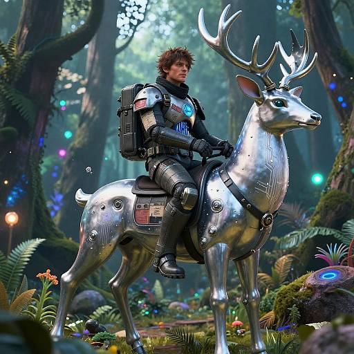 CGI scene of a man in futuristic armor riding a silver, robotic deer in a lush, glowing forest with colorful lights.