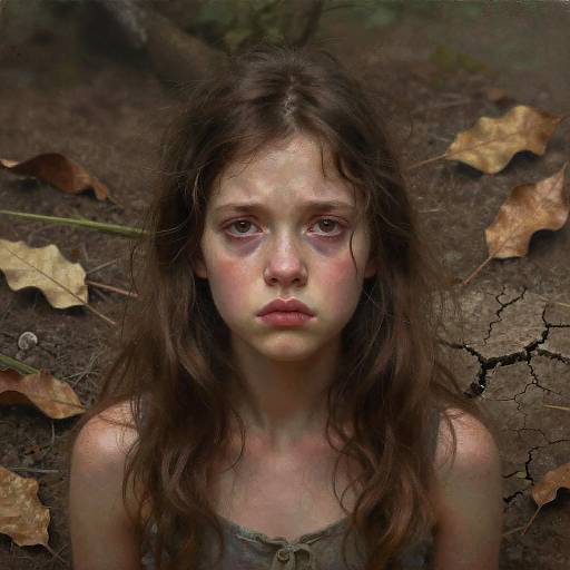 Photograph of a sad, young girl with dirty, wet brown hair, tear-streaked pale face, and pinkish eyes, standing in a