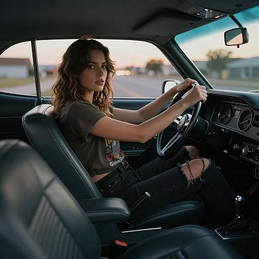 Woman Driving Classic American Muscle Car